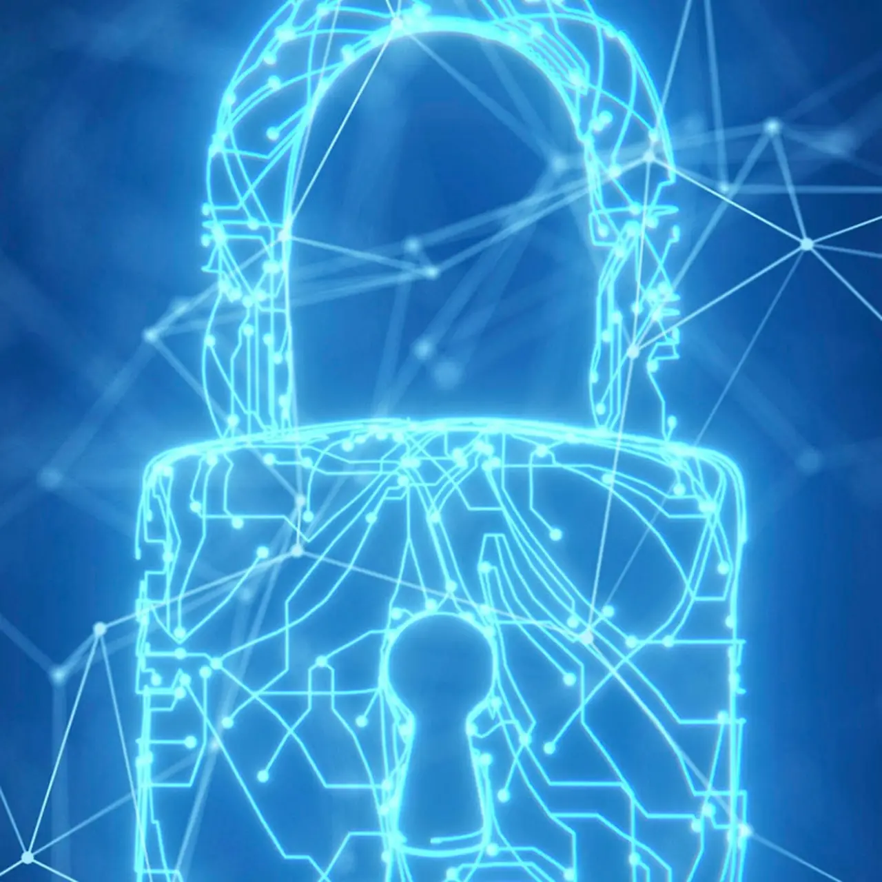 Verschiedene blauleuchtende Linien verbinden sich zu Netz und Türschloss