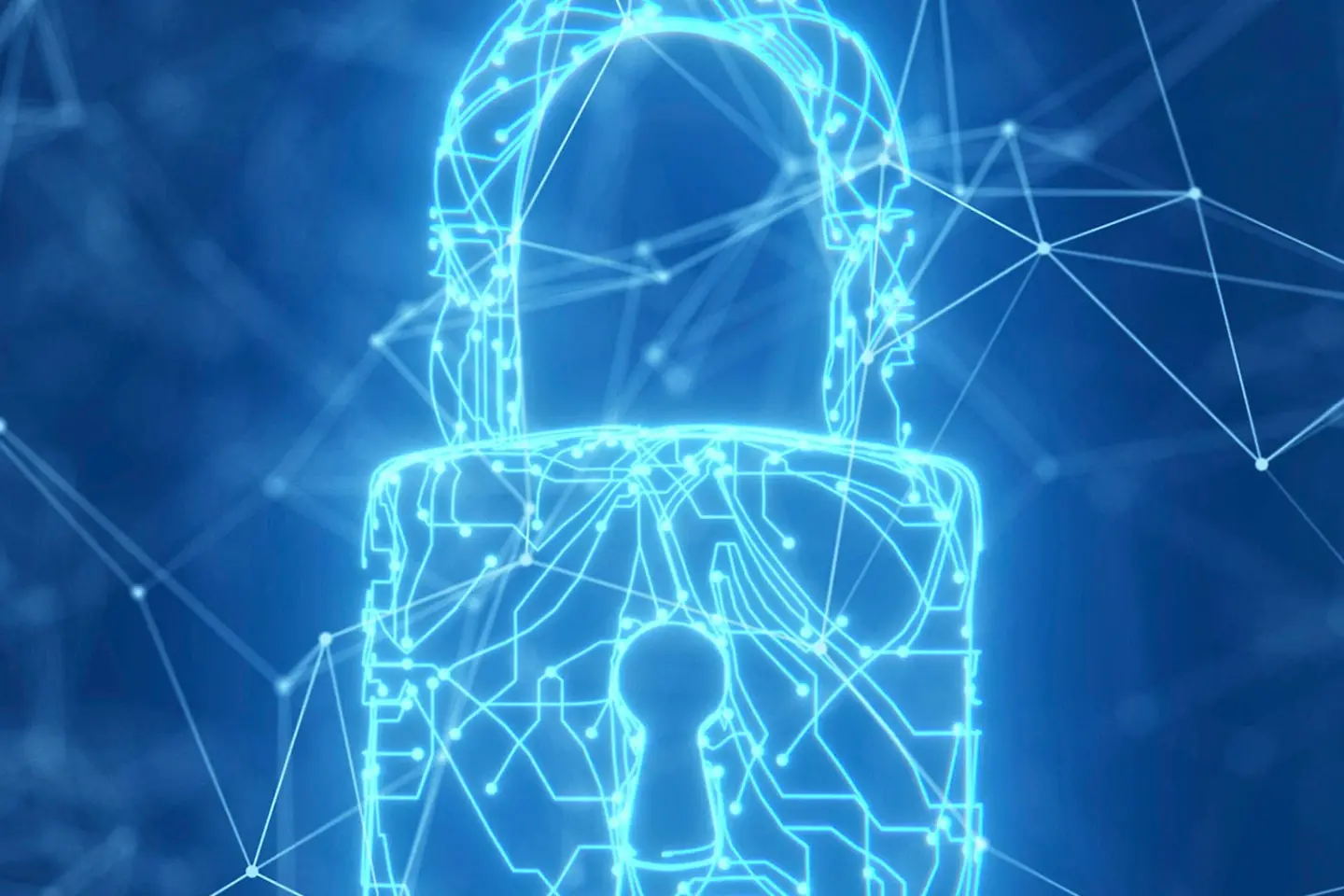 Verschiedene blauleuchtende Linien verbinden sich zu Netz und Türschloss