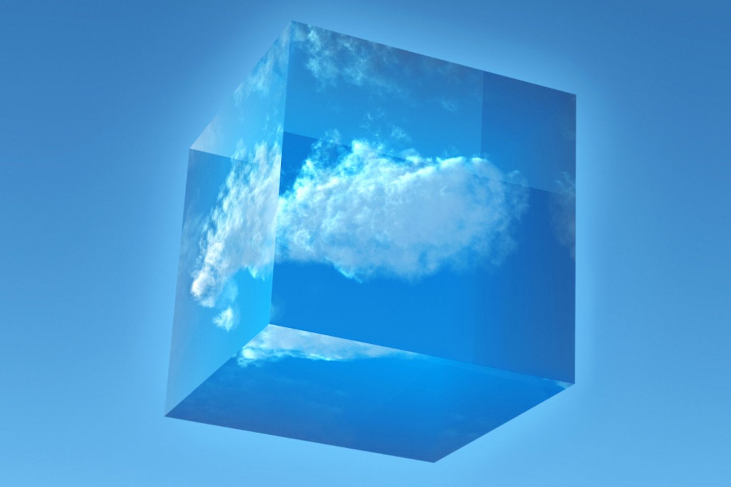 Blauwe kubus waarin een wolk drijft