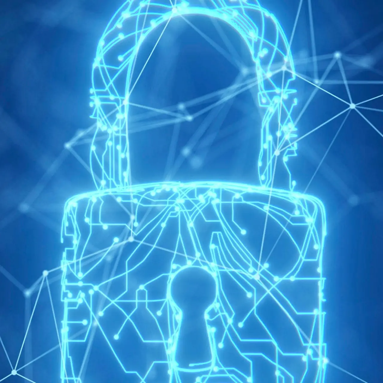 Various lines of blue light join to form a network and door lock