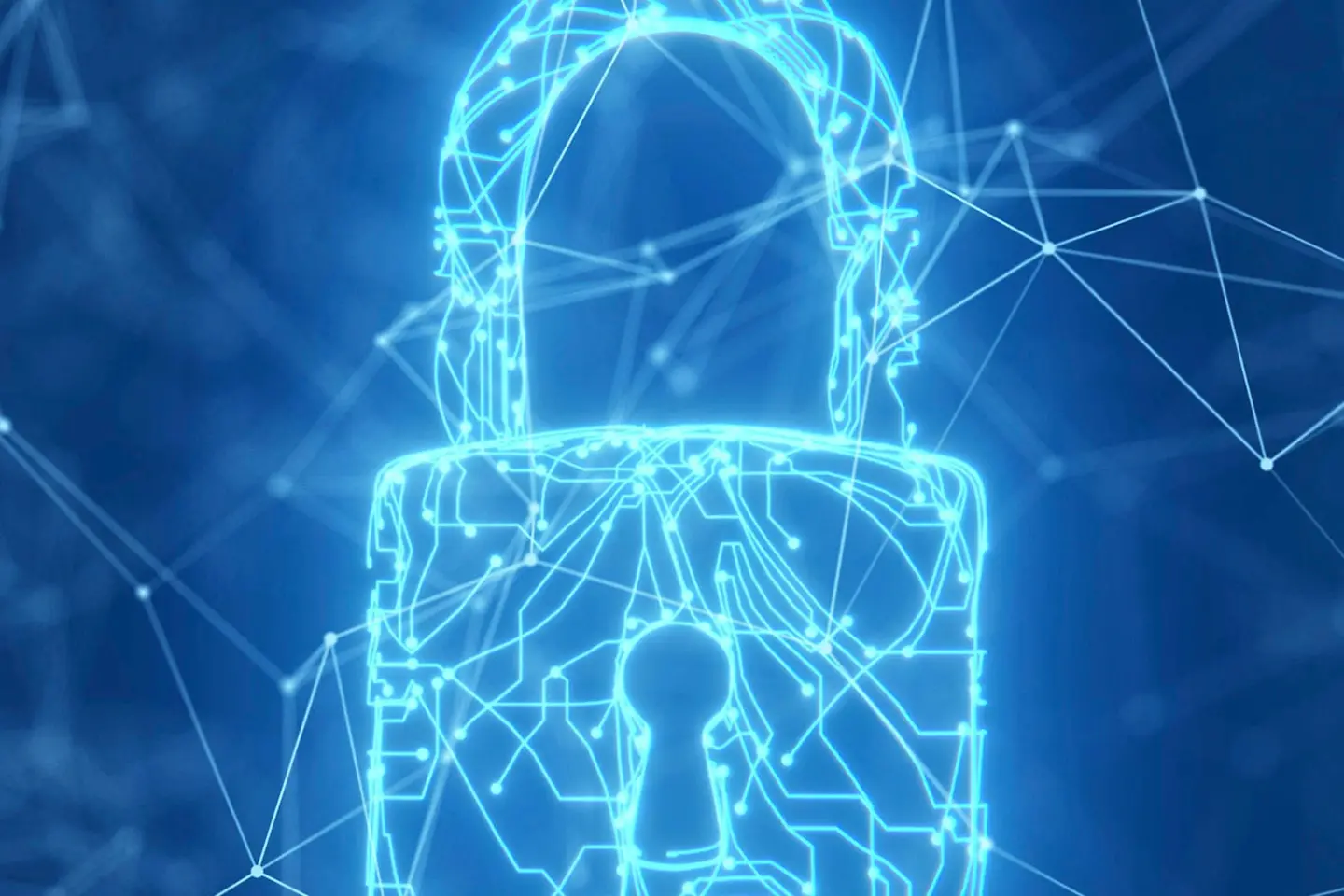 Various lines of blue light join to form a network and door lock