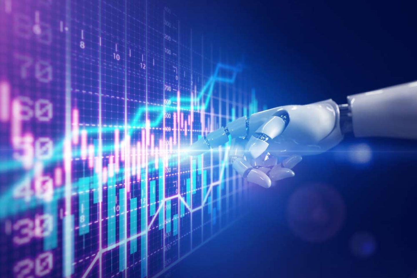 Robot hand points to digital screen, which displays a diagram.