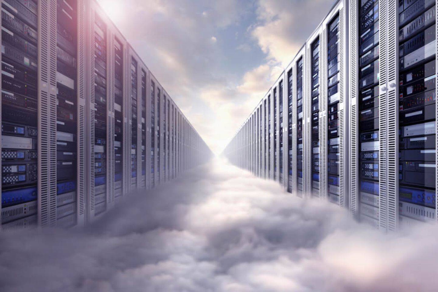 Composite image of computer servers and clouds