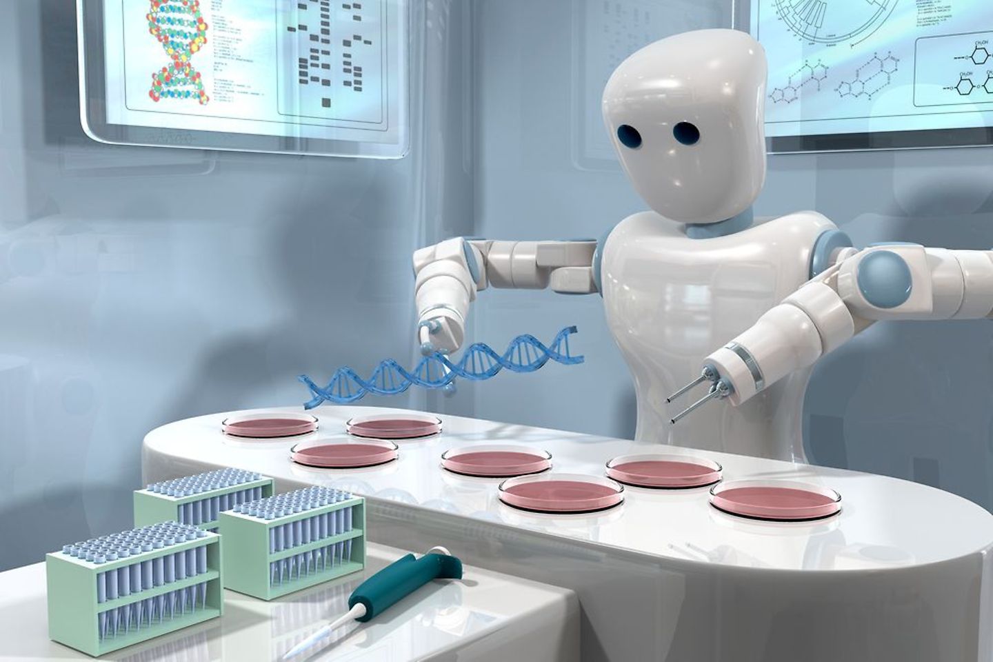 Robots in a scientific laboratory with petri dishes and DNA 