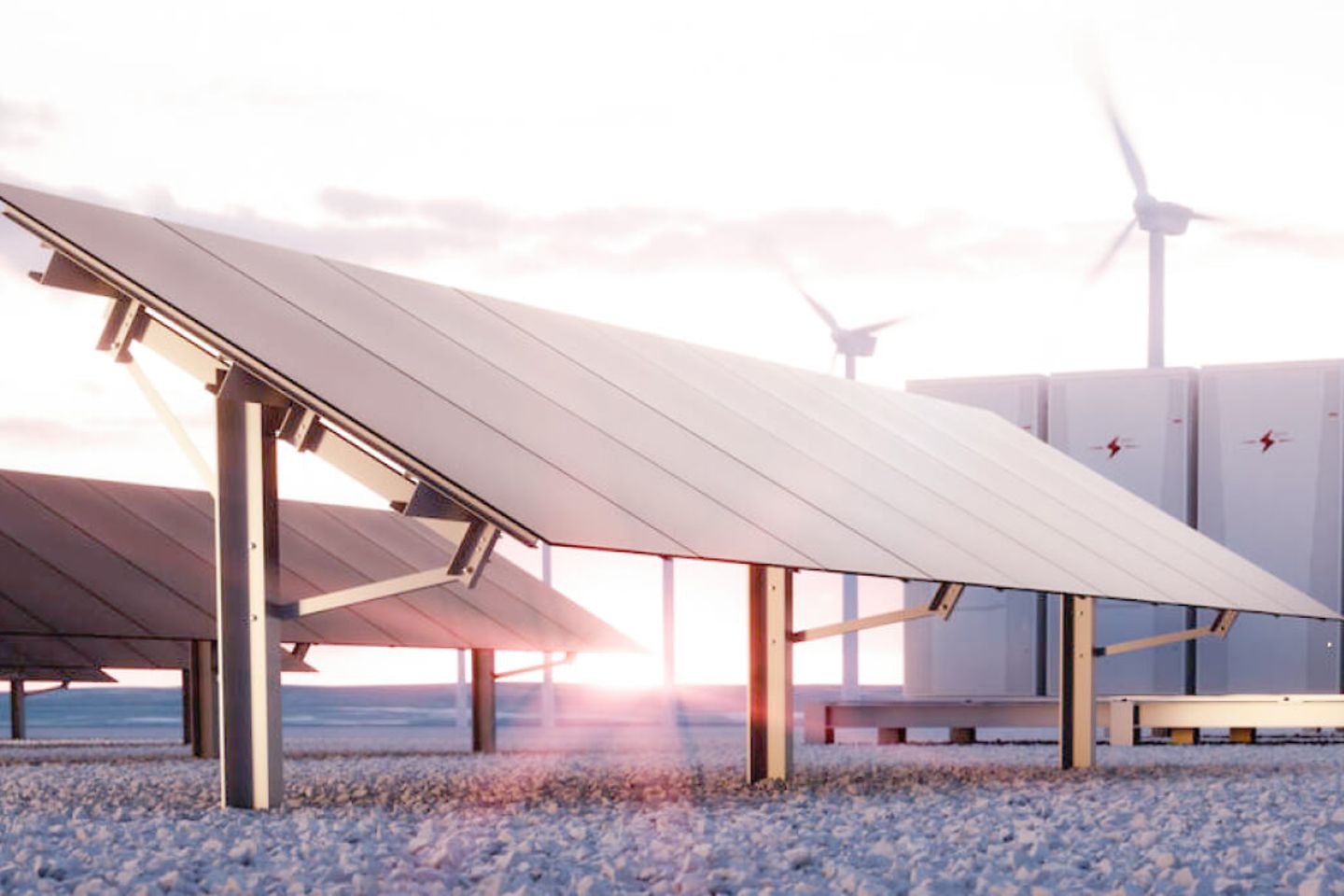 Paneles solares, un sistema modular de almacenamiento de baterías y un sistema de turbinas eólicas