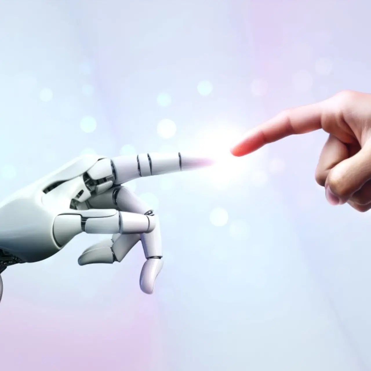 Robot and human hands are touching and connecting.