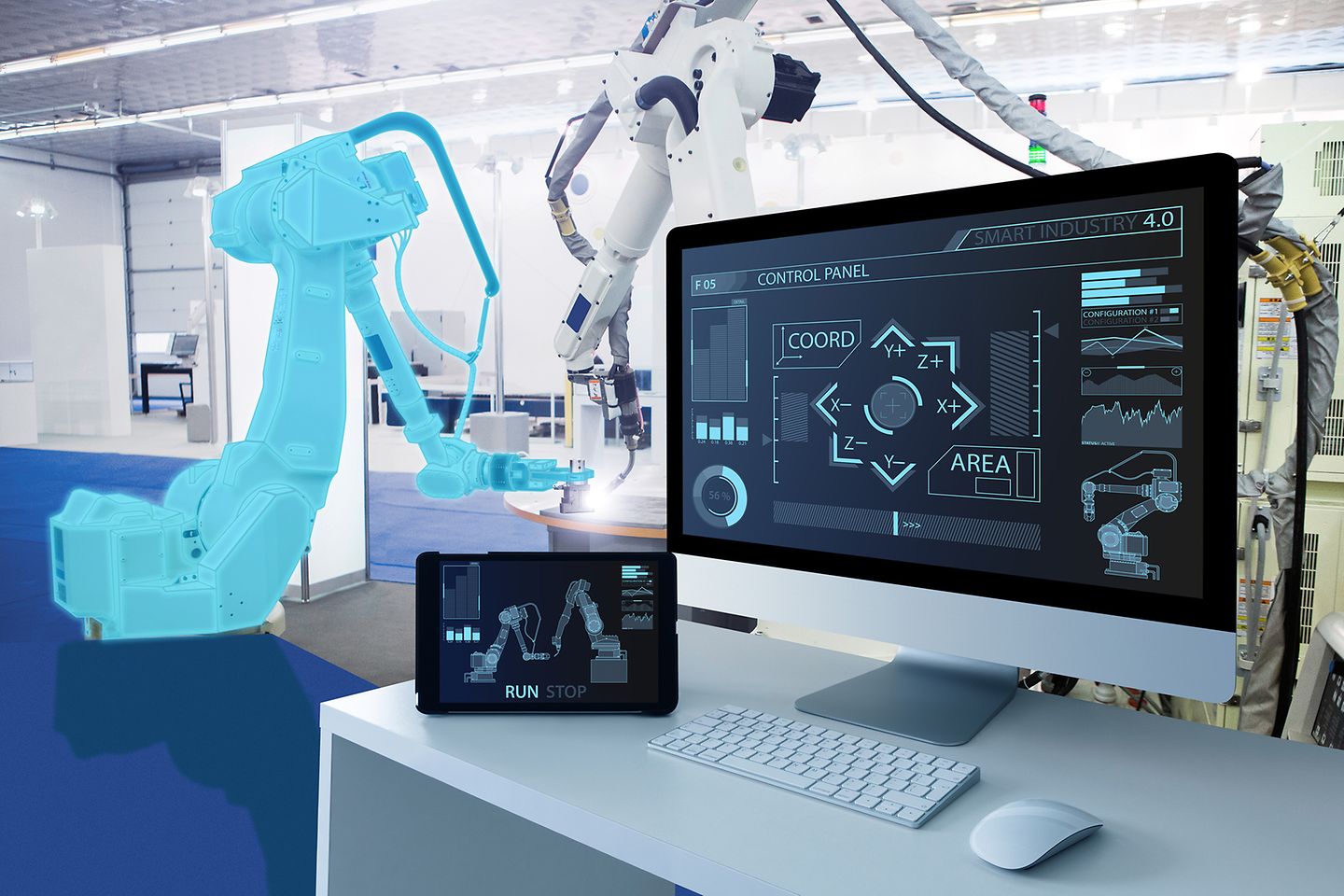 computer and digital tablet for control of robots in a smart factory