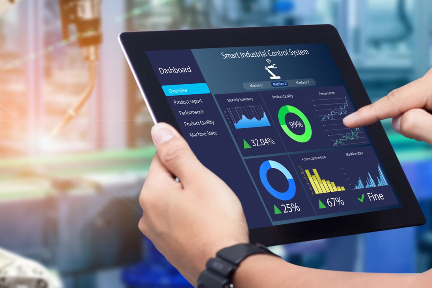 hands holding tablet on blurred automation machine