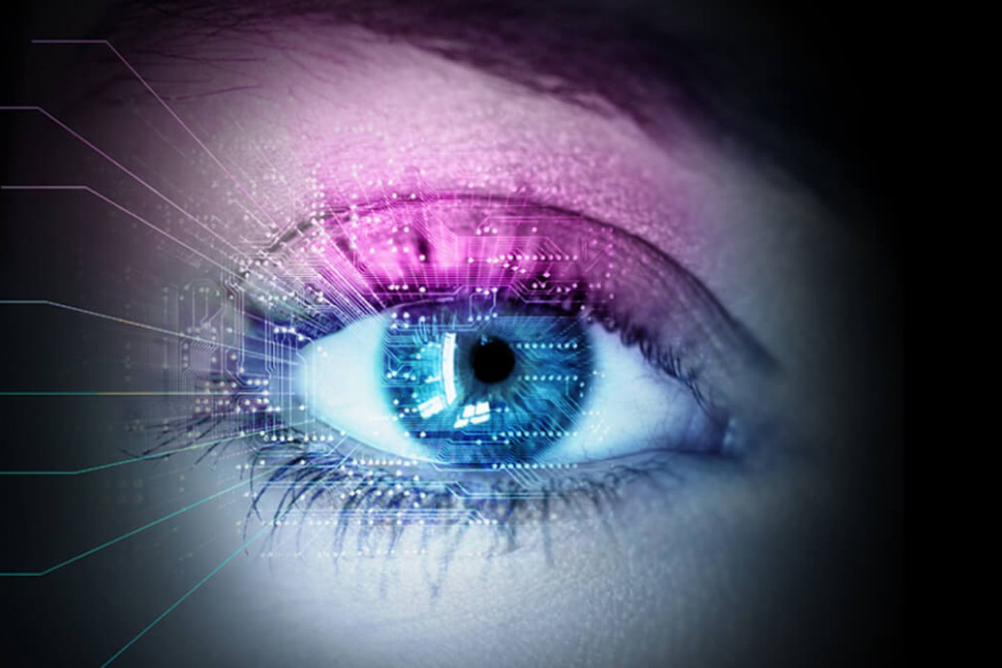 Close up of eye with electronic circuit