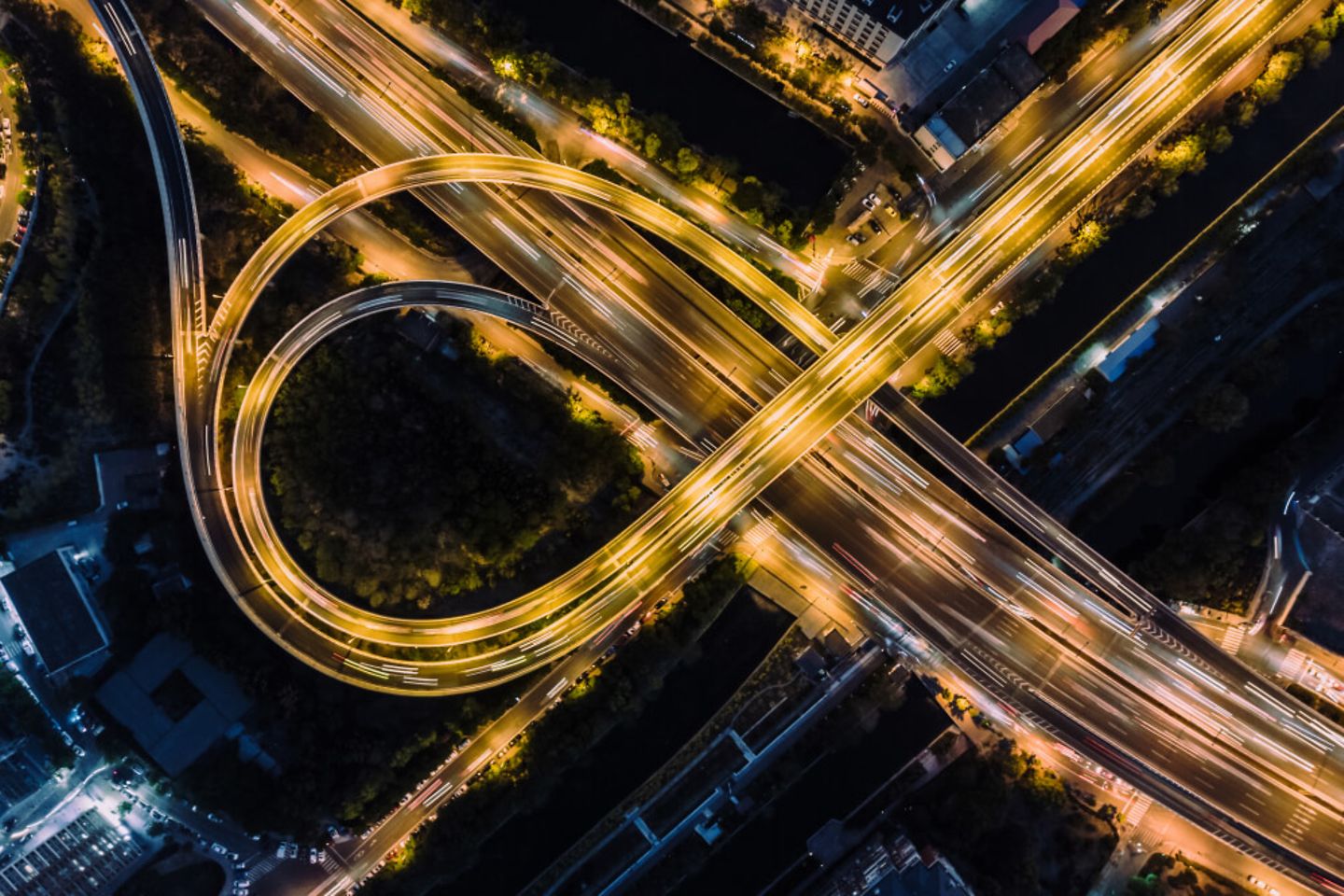 Bird's-eye view of illuminated streets