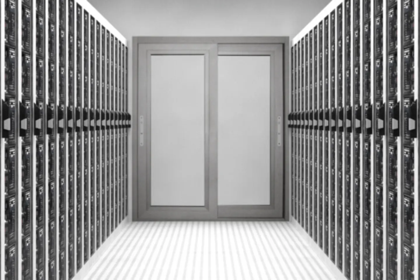 View of a long corridor with server cabinets to the right and left