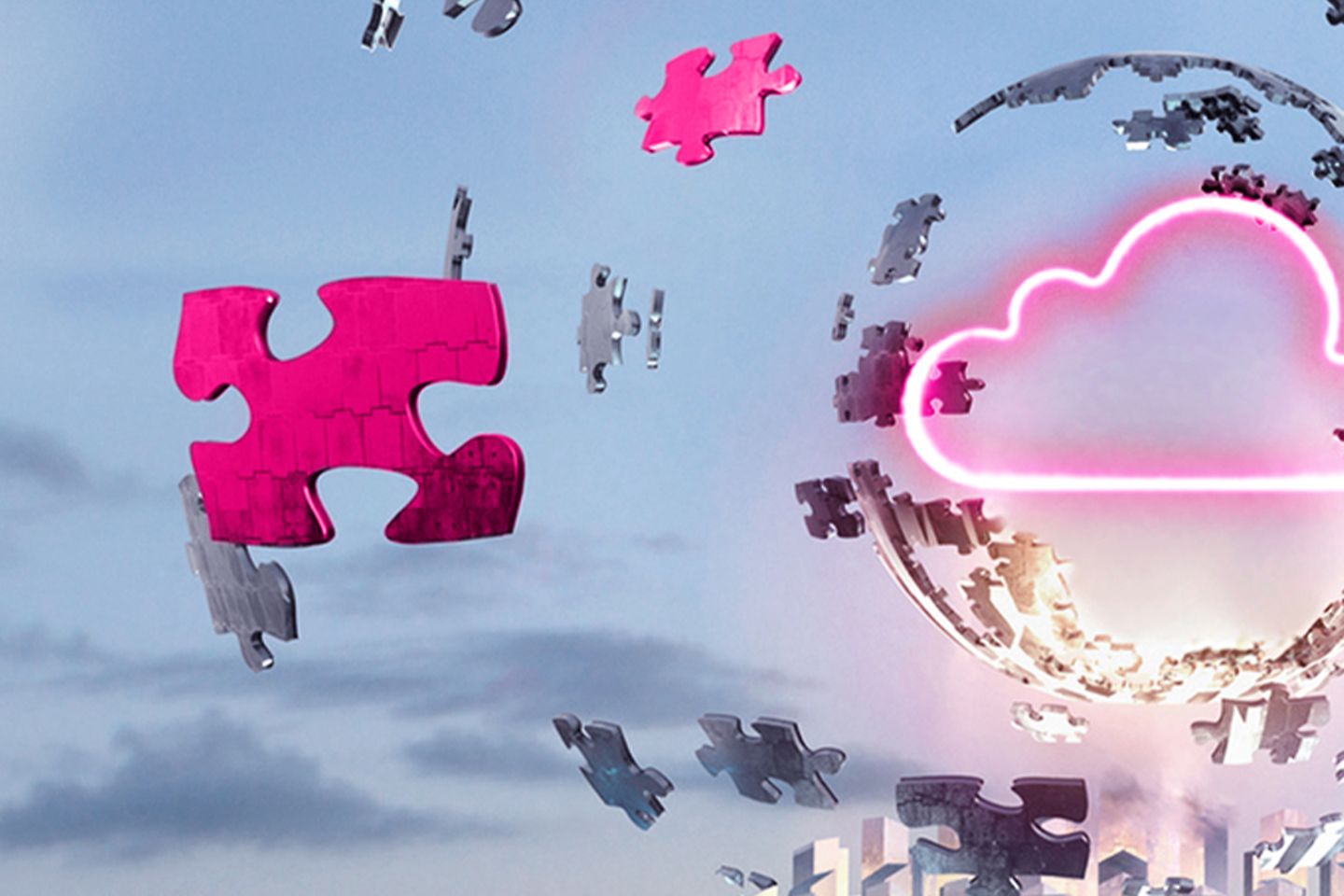 Puzzleteile fliegen um eine digitale Wolke