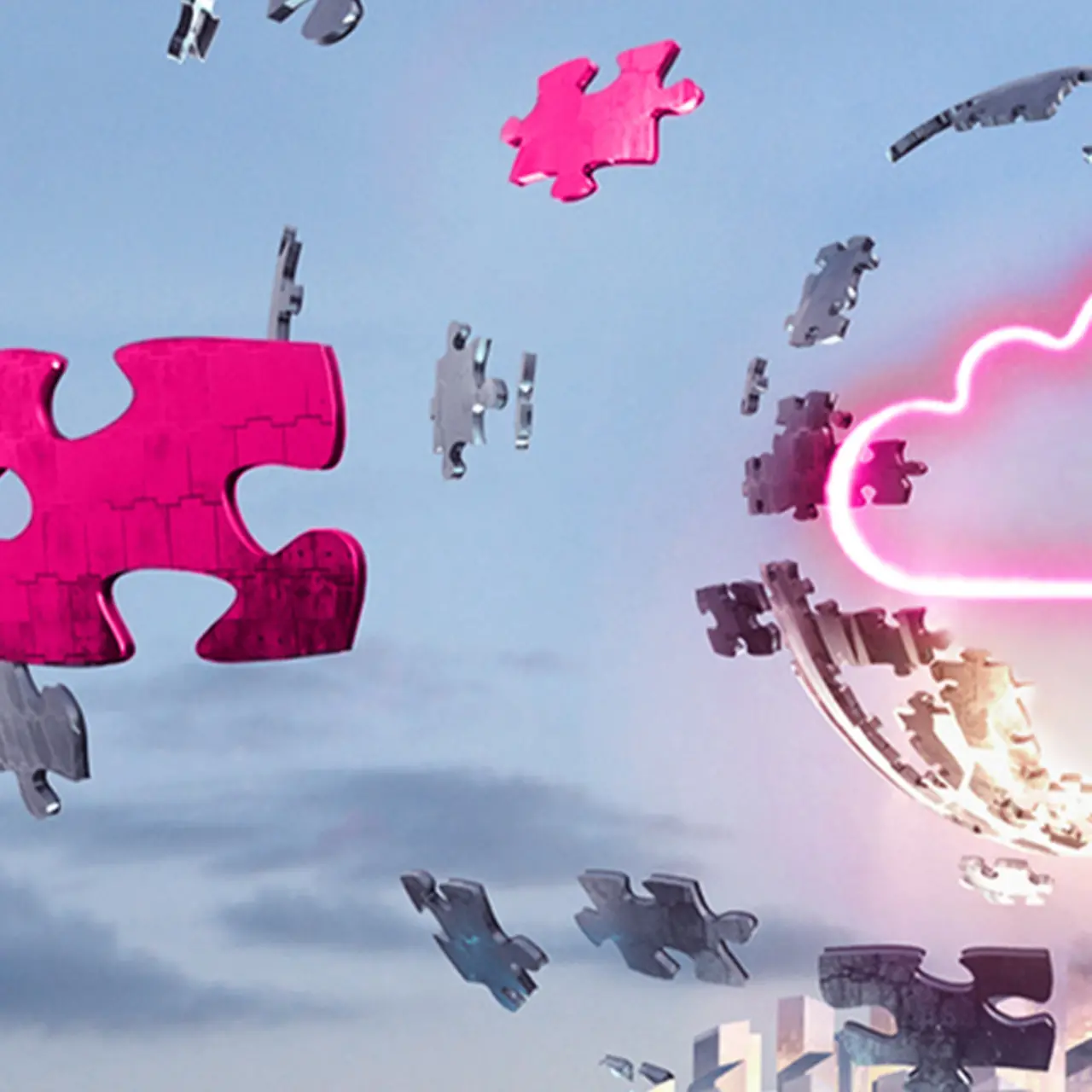 Puzzelstukjes vliegen om een digitale wolk
