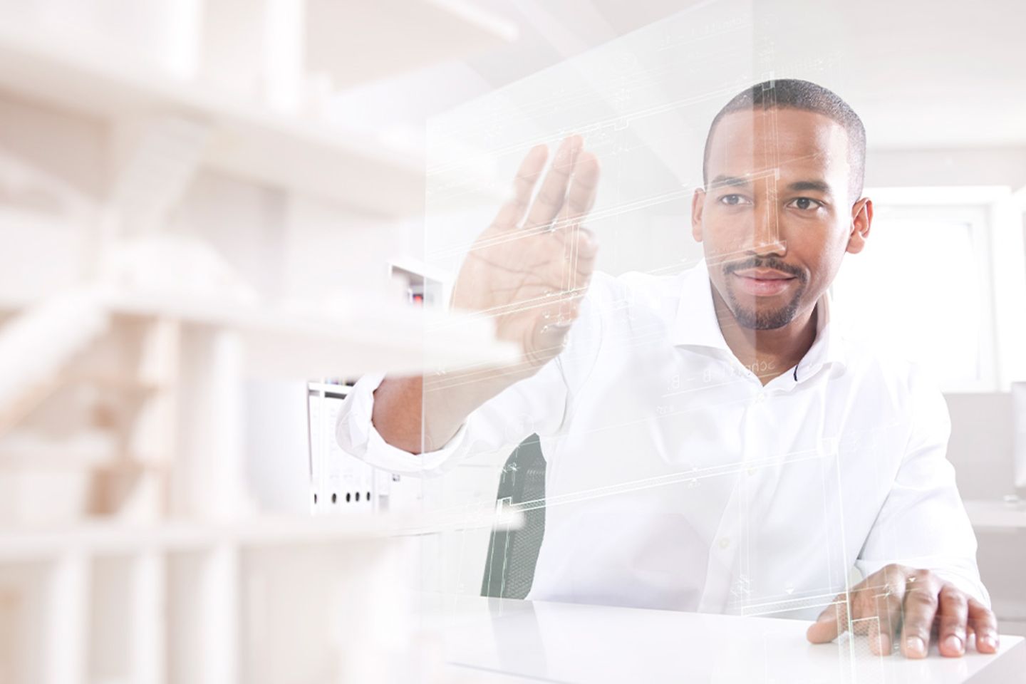 Man with transparent touchscreen display