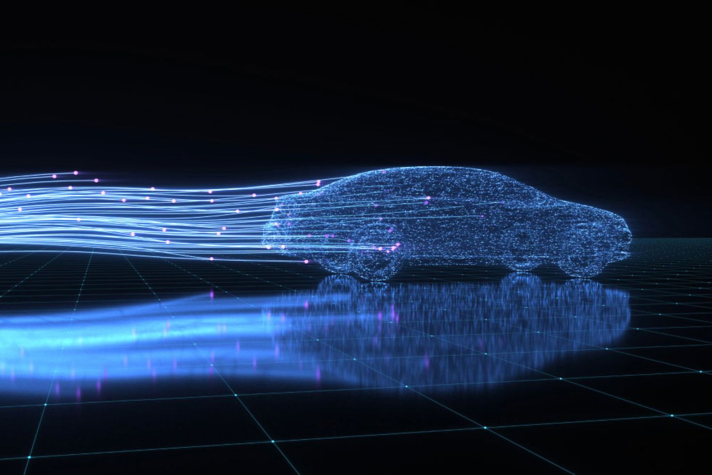 Futuristisches Fahrzeug im digitalen Raum mit leuchtendem Heck 