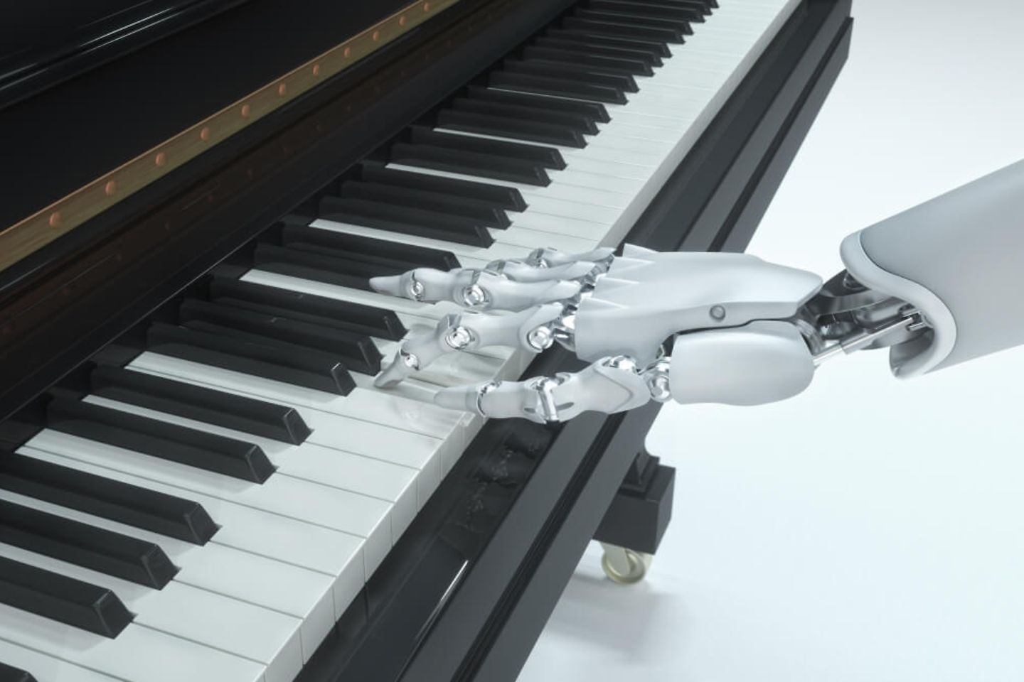 Mão de um robô no teclado de um piano