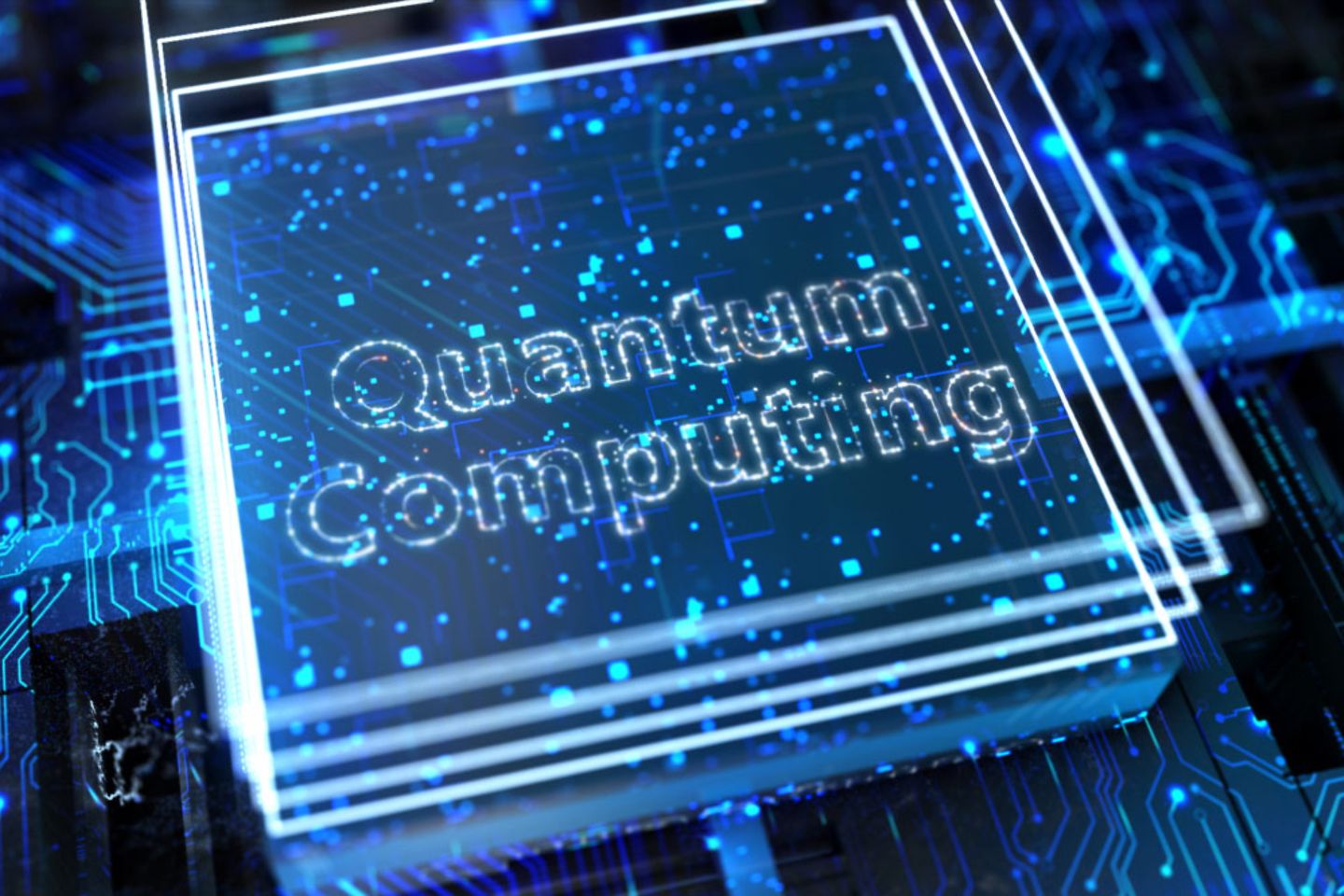 Ein blauer, digitaler und abstrakter Quantencomputing Baustein