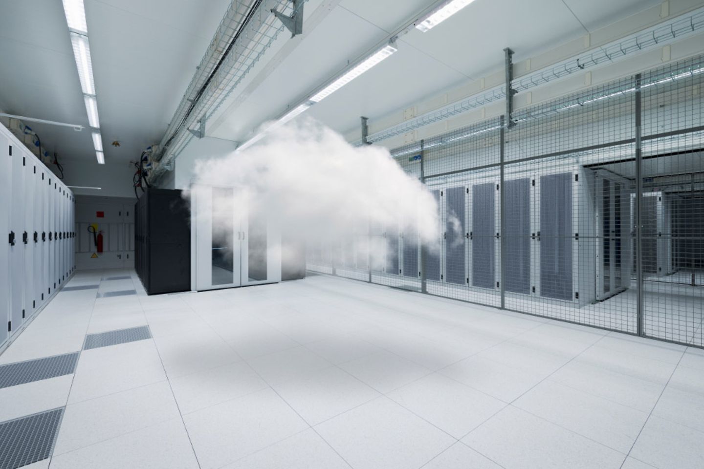 Server room with cloud floating in the room.