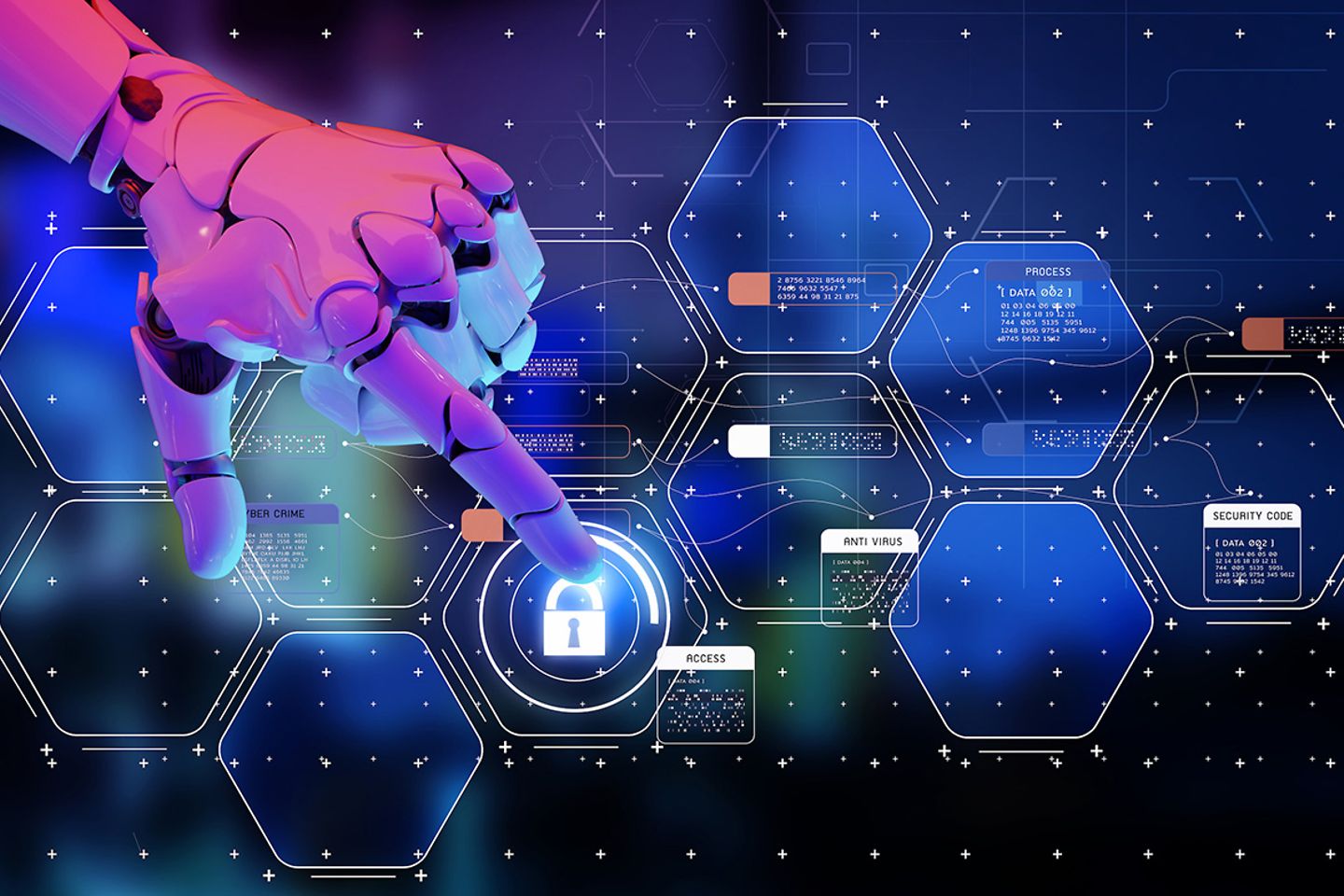 Robotic hand tapping a screen with a digital lock symbol
