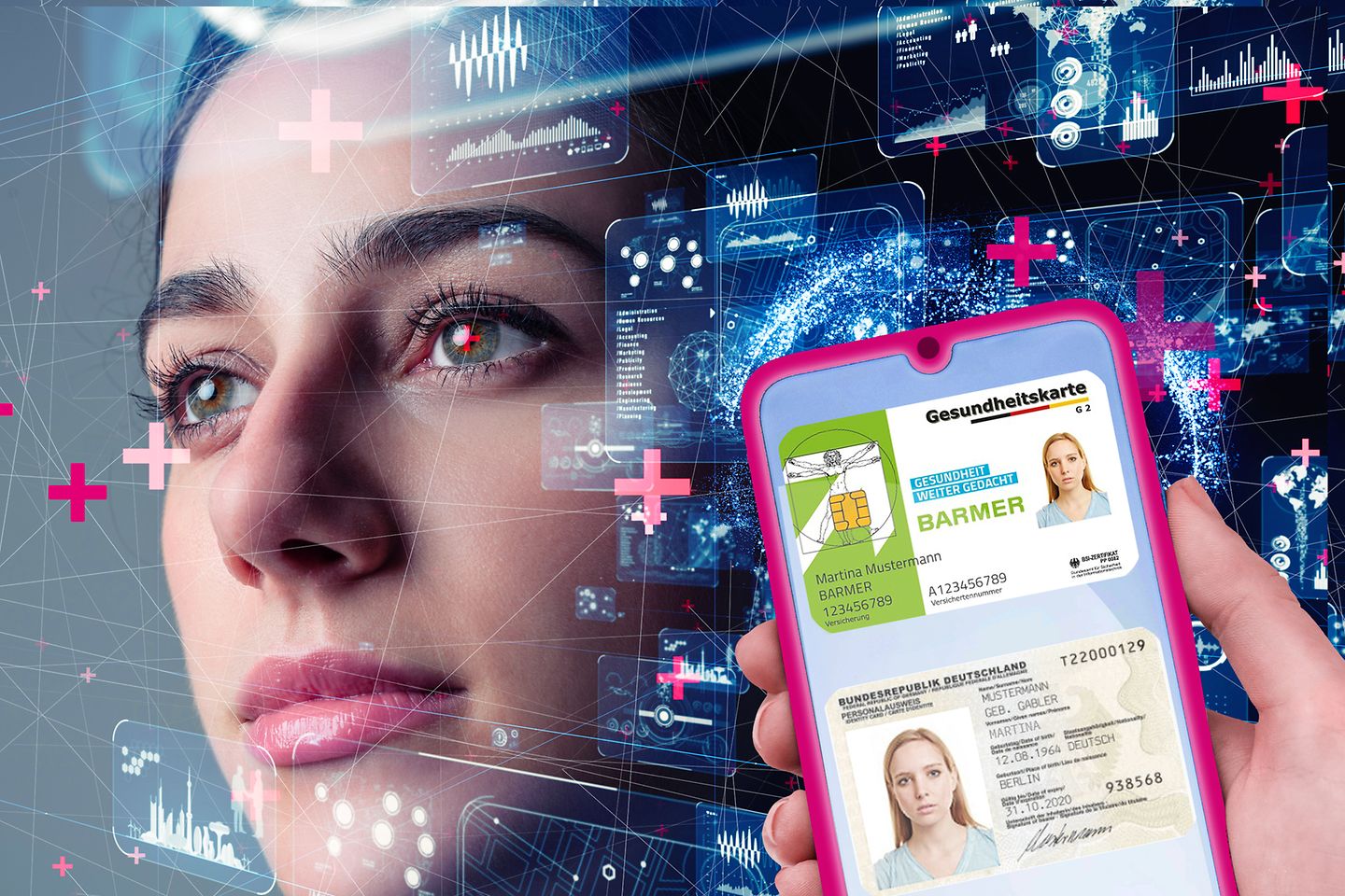 Gesicht einer Frau mit digitalem Overlay und smartphone mit gesundheitskarte
