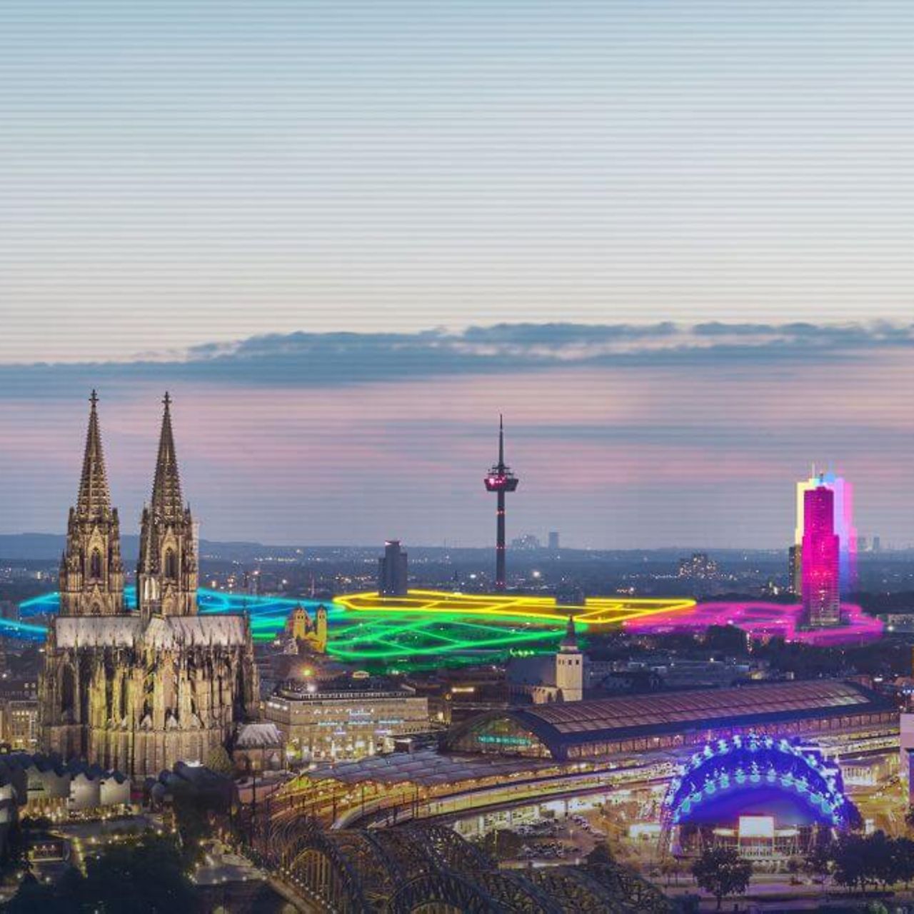 skyline of Cologne with bright scribbles
