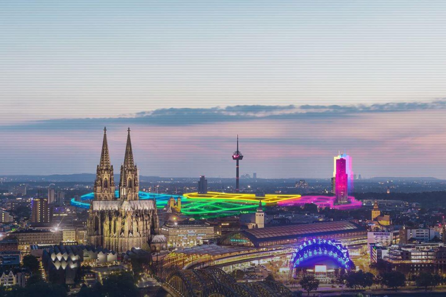 skyline of Cologne with bright scribbles
