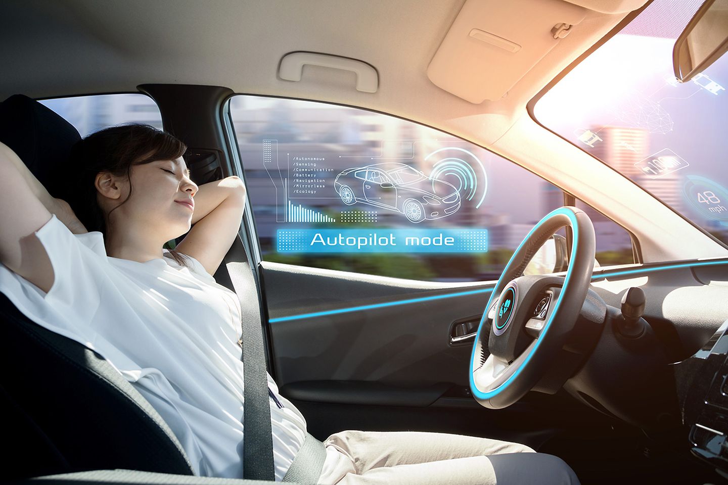 sleeping woman in autonomous car. self driving vehicle