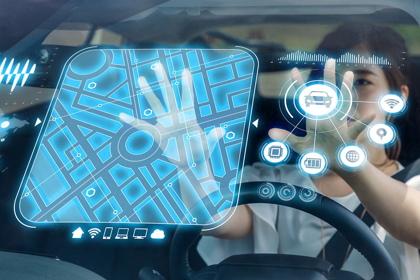Heads up Display (HUD) of vehicle. Graphical User Interface (GUI). Futuristic car 