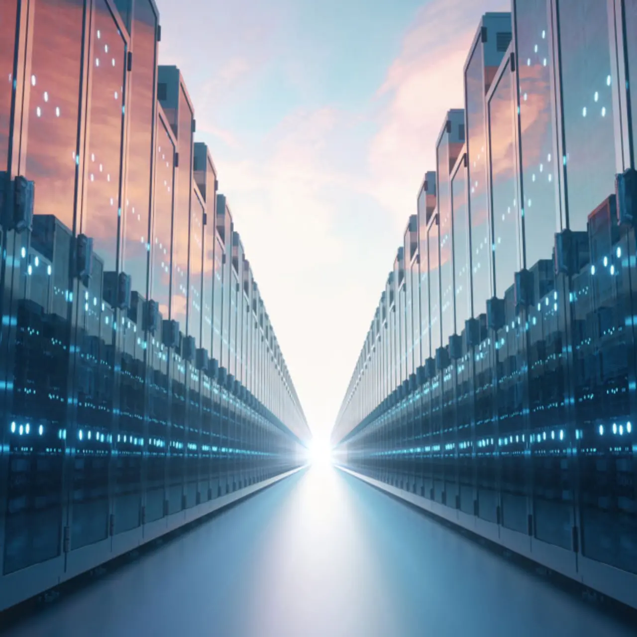 Serverschränke in denen sich Wolken spiegeln