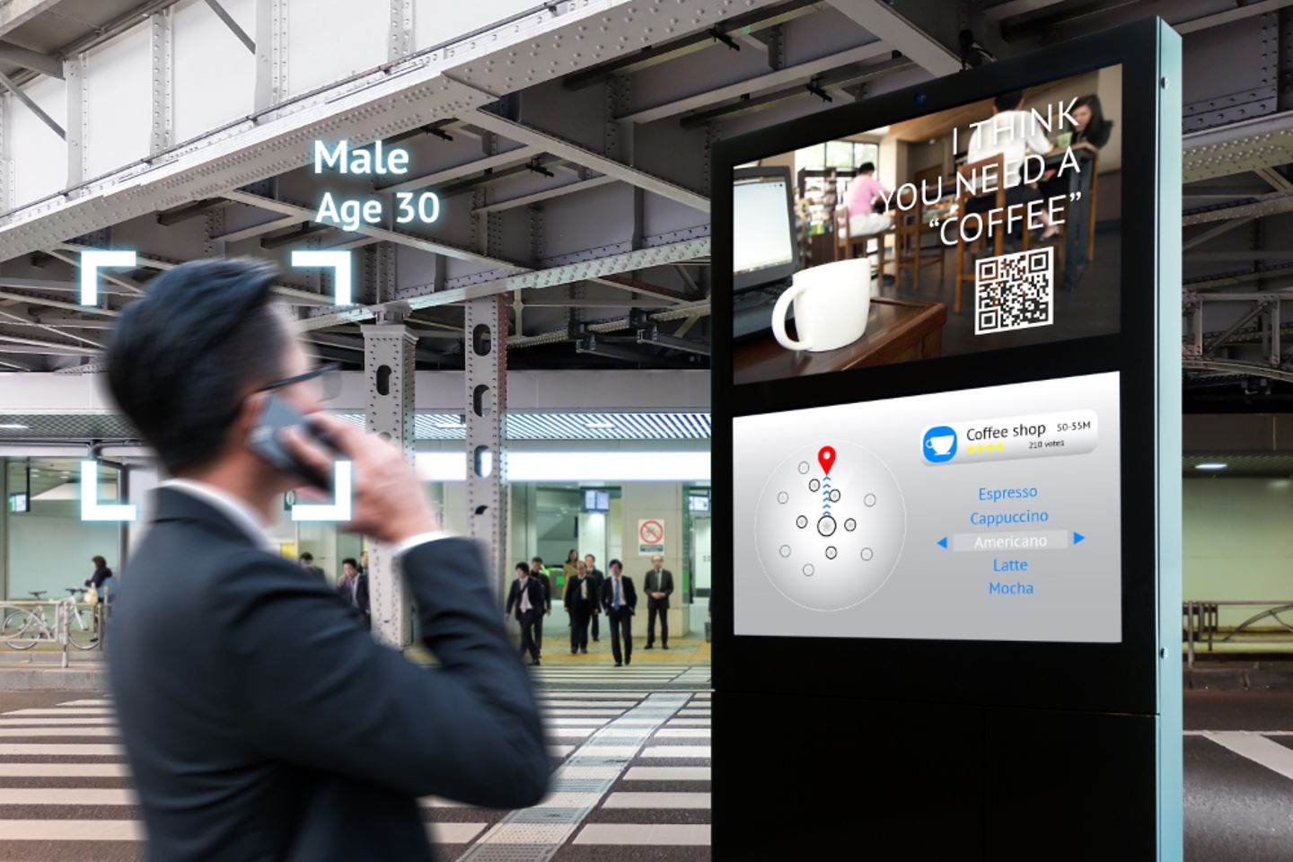 Intelligent Digital Signage , Augmented reality marketing and face recognition concept
