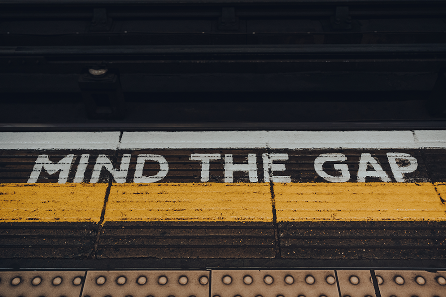 Mind the gap sign on of Moorgate underground station platform of London Underground, UK