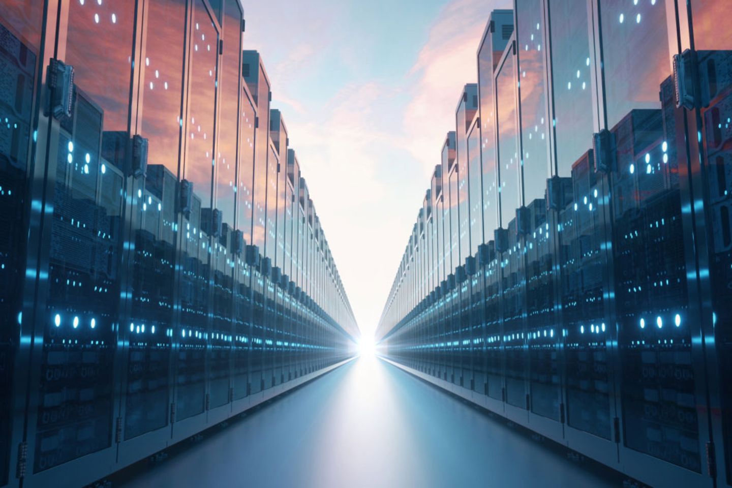 Server cabinets in which clouds are reflected