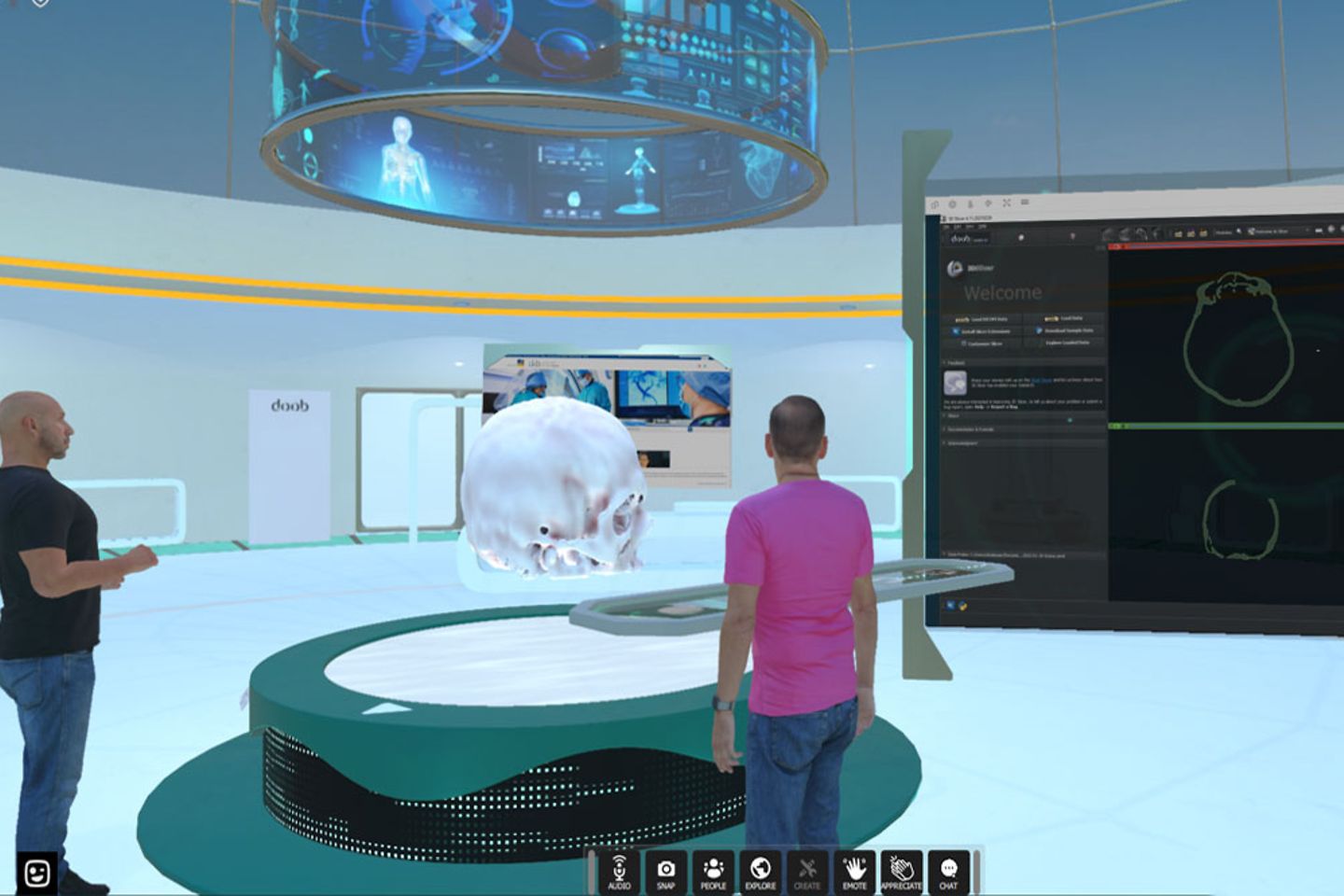Representación virtual de un quirófano con un cráneo humano y dos avatares