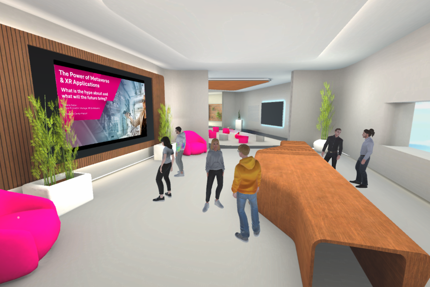 Virtuele weergave van een vergaderruimte met meerdere avatars