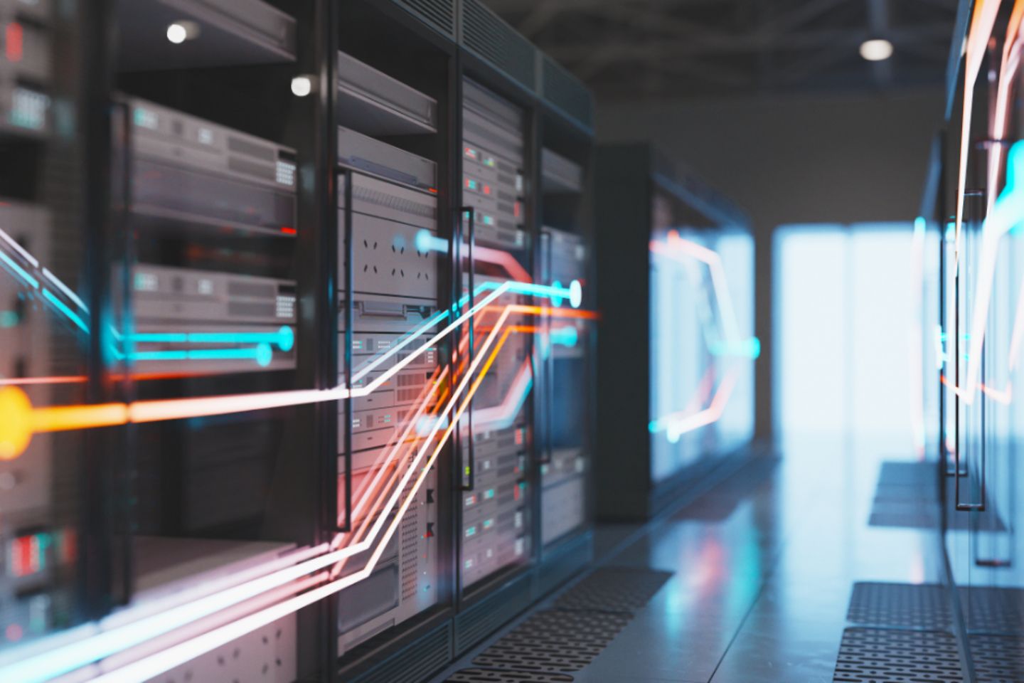 Server cabinets in the dark connected with bright colored lines