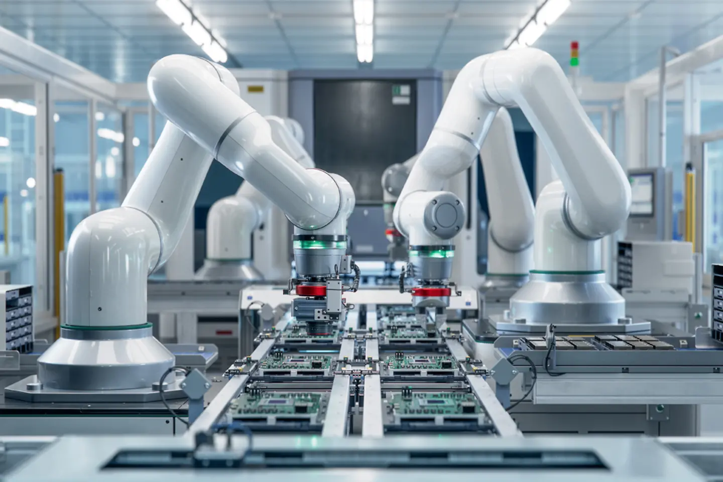 Vollautomatische moderne SMT-/PCB-Bauzeile ausgestattet mit fortschrittlichen Hochpräzisions-Robotikarmen 