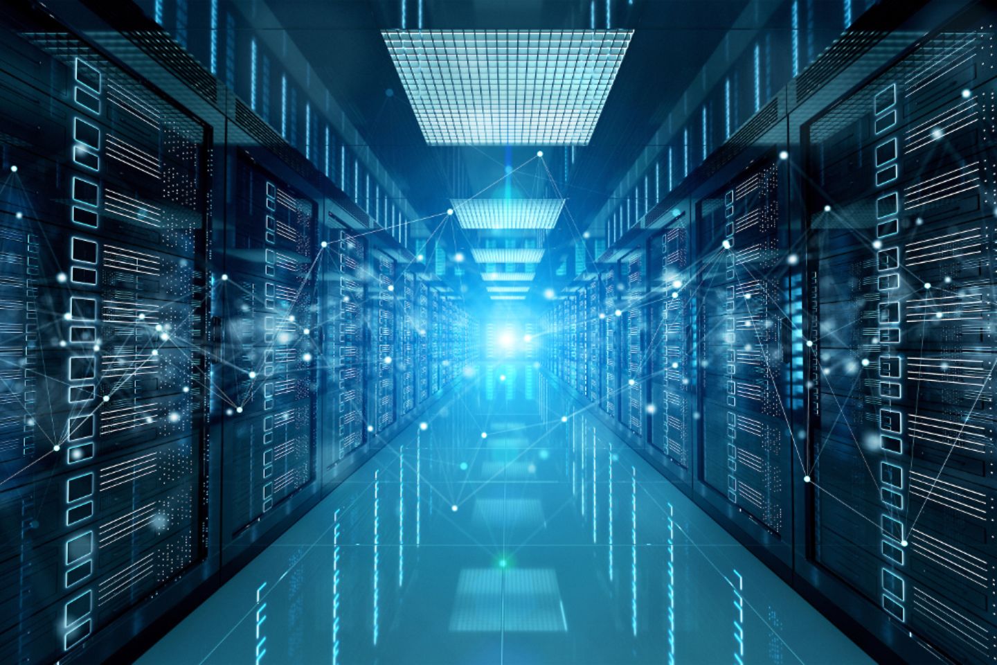 3D rendering of server network connections in a data centre room