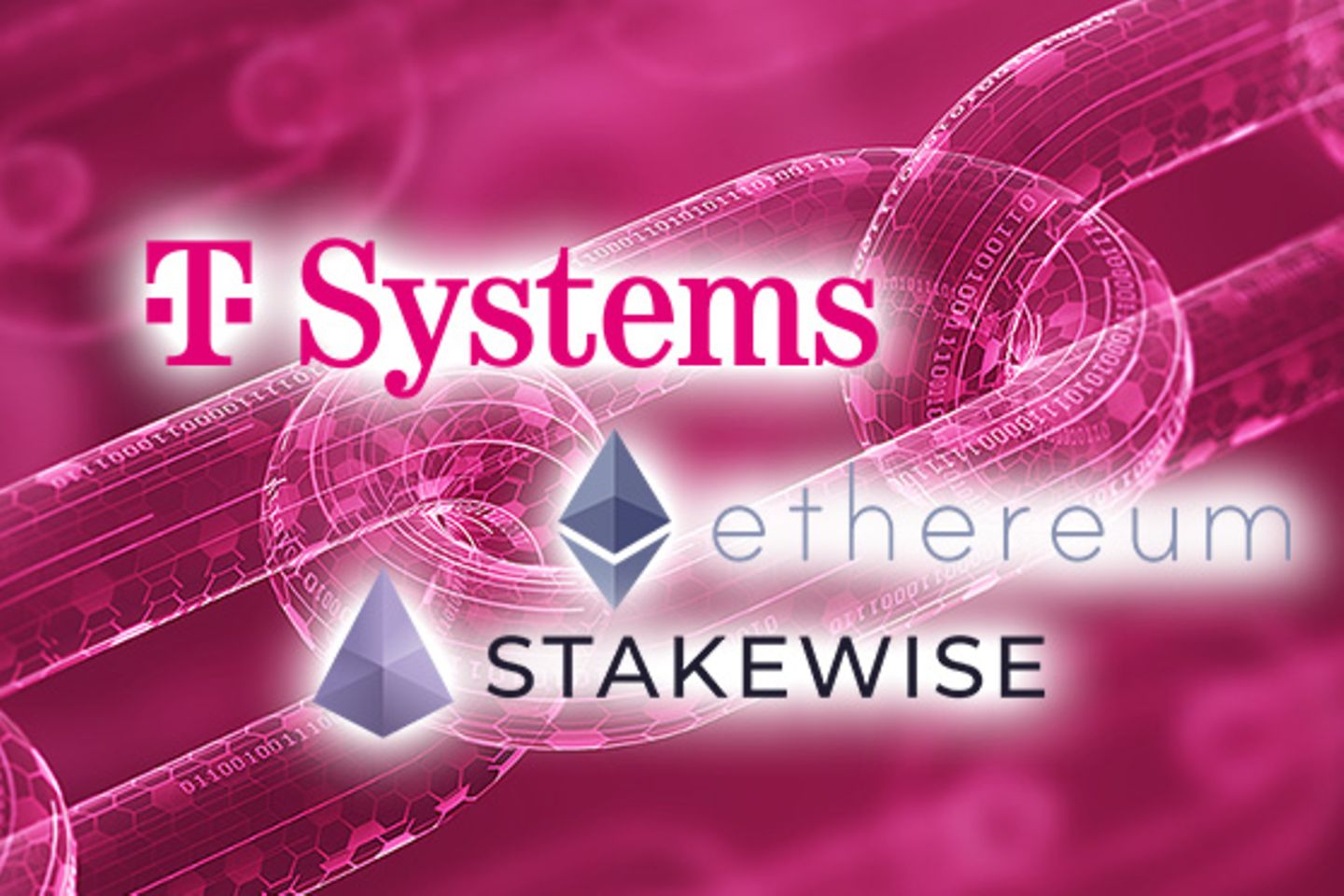 Logos von T-Systems, Ethereum und StakeWise vor magenta Hintergrund