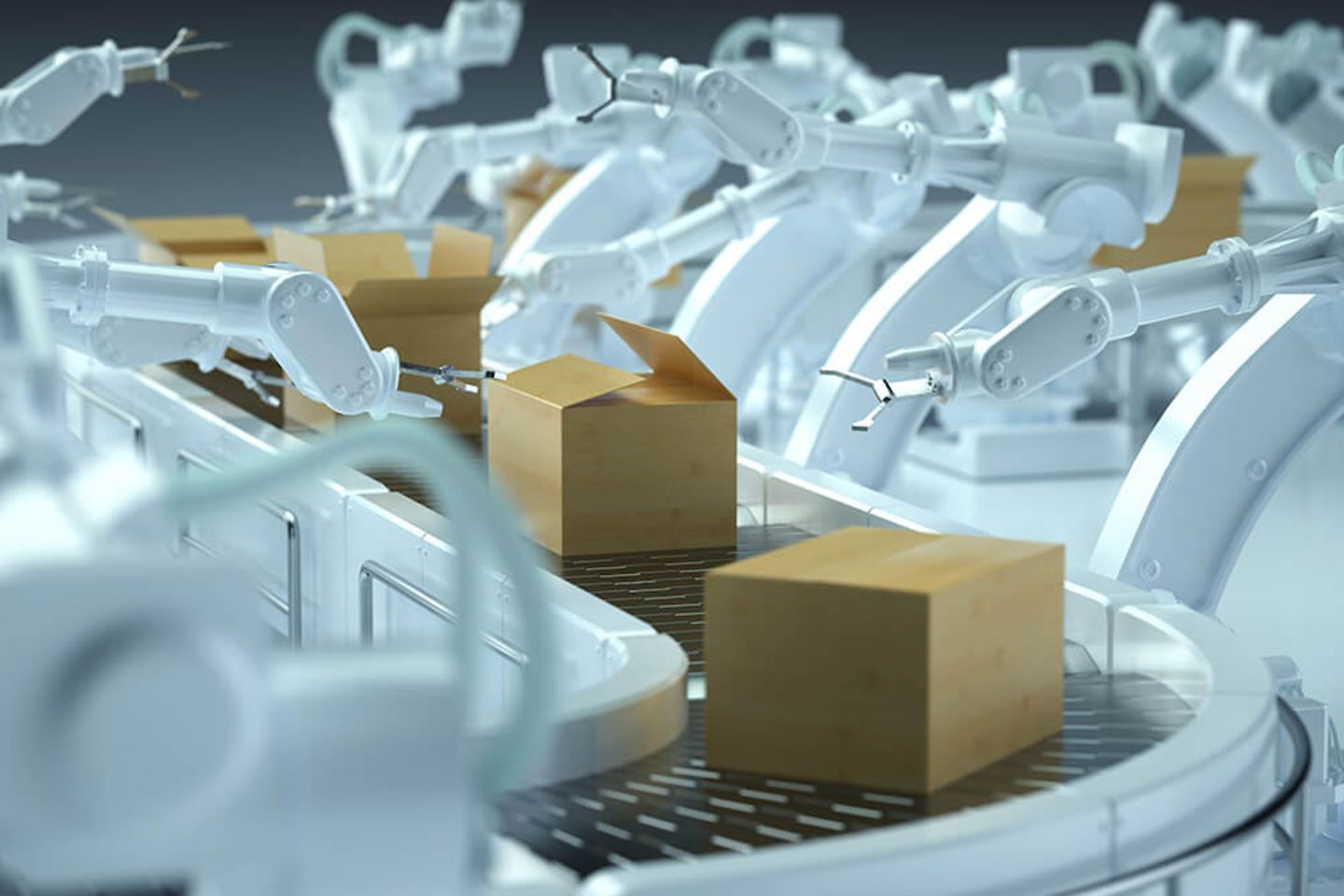 production line with robotic arms packing boxes