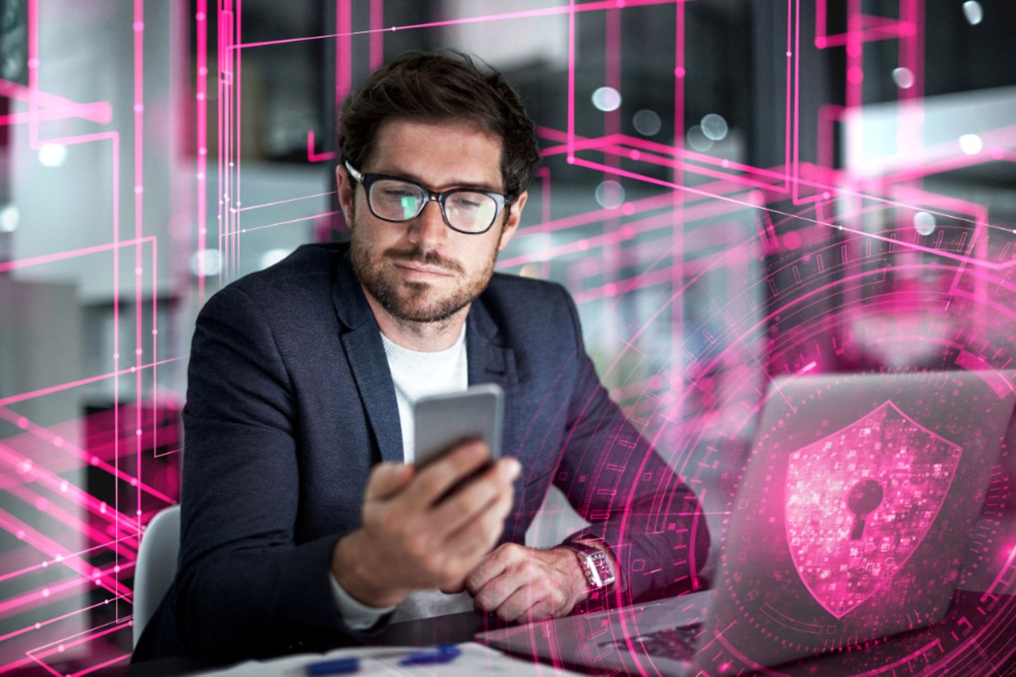 A man looks at his phone, surrounded by magenta-colored holograms