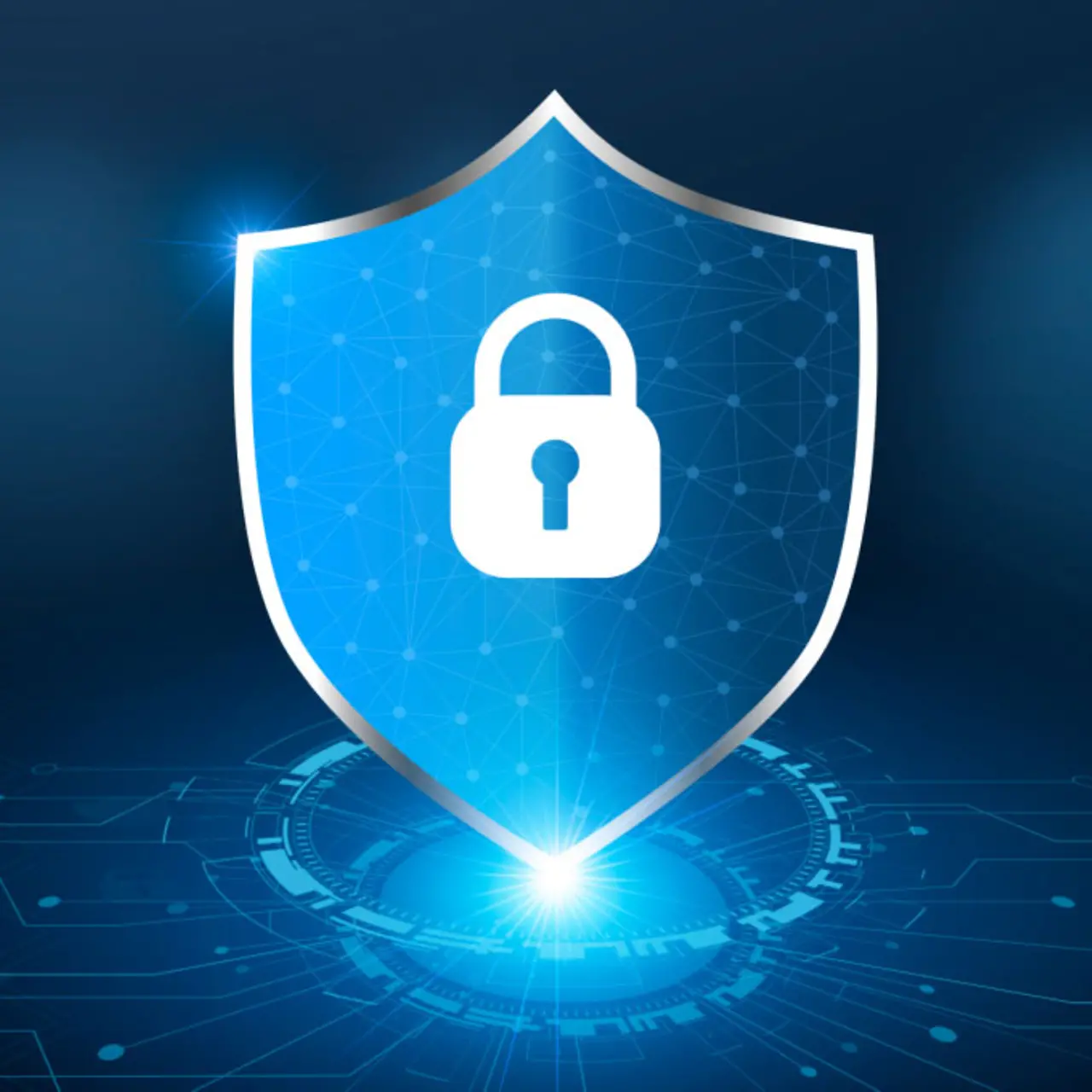 Ein großes blaues Sicherheitsschild mit einem weißem Schloss in der Mitte