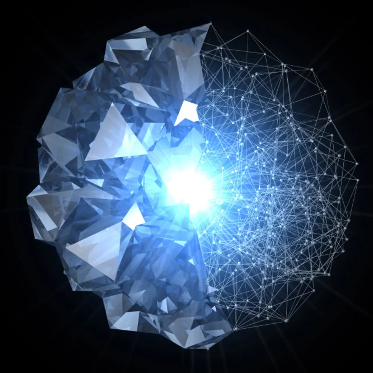 Ein Diamant zur Hälfte als Netzstruktur dargestellt