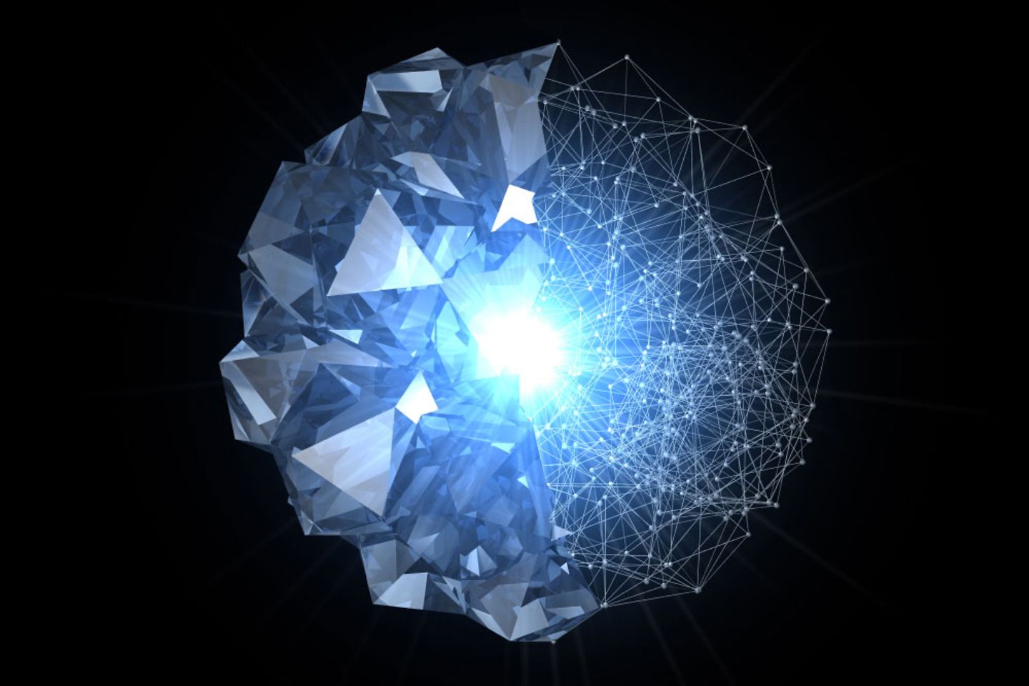 Ein Diamant zur Hälfte als Netzstruktur dargestellt