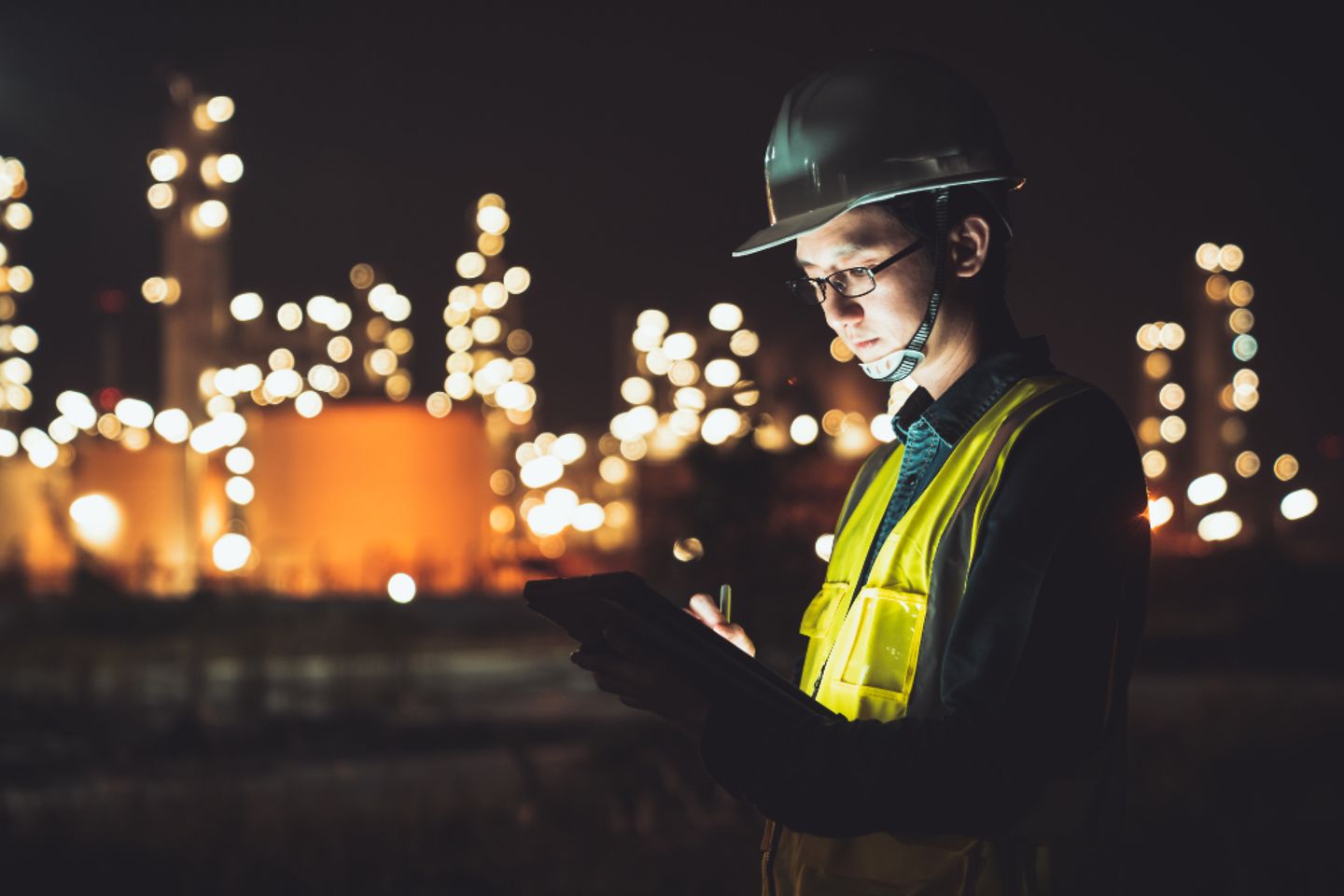 Engineer using digital tablet working late night shift at industrial estate