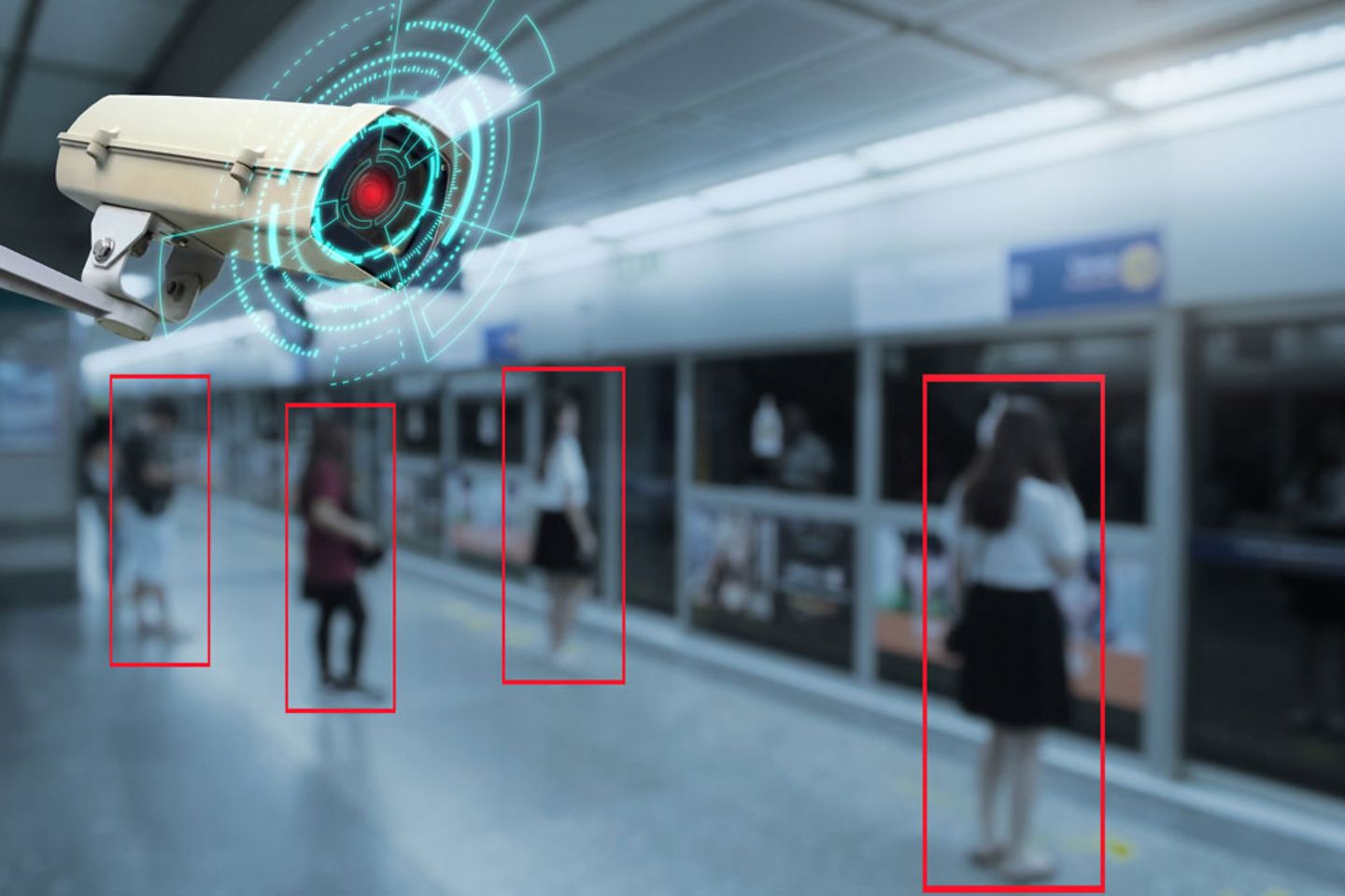 Photo composite of motion detection camera with people waiting at subway train