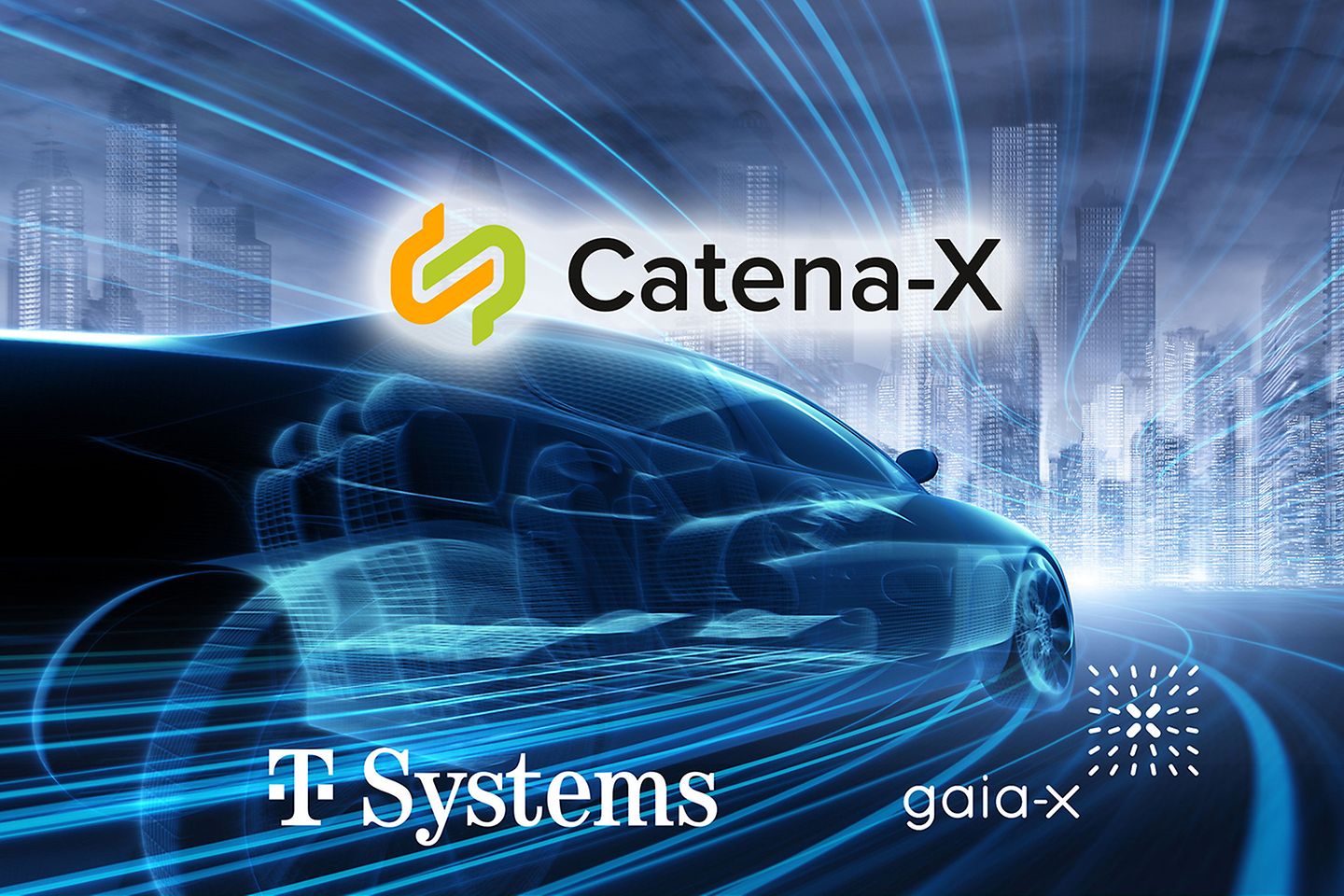 Een algemene moderne auto met T-Systems en Catena X-logo.