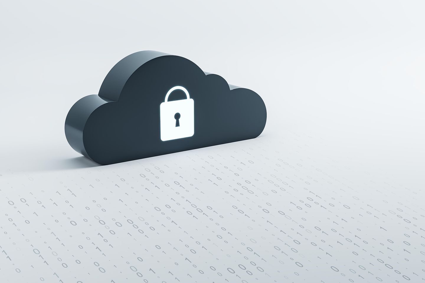 Cloud Security Darstellung mit schwarzer Wolke und weißem leuchtendem Schloss