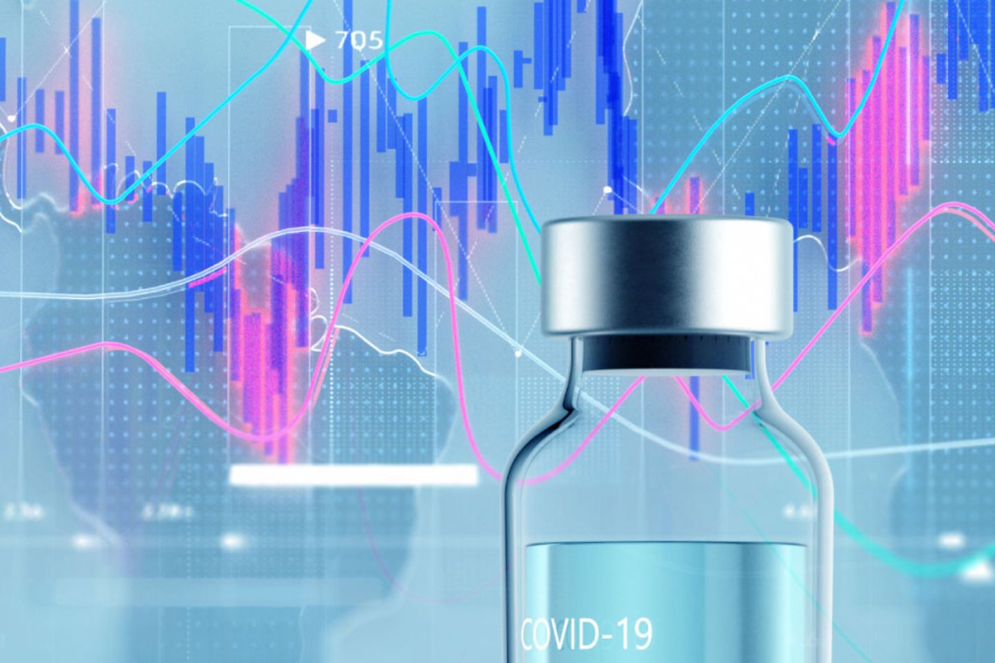 Eine Flasche mit Vakzine vor einem hellblauen Hintergrund mit Diagrammen