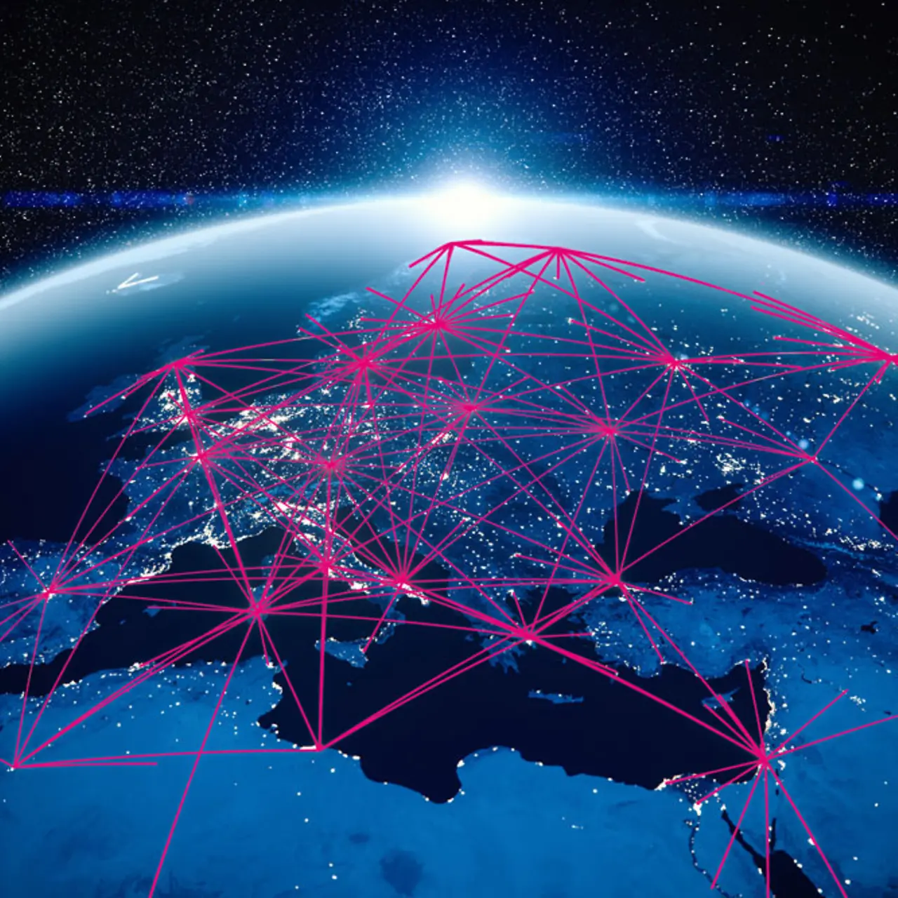 Erde aus dem All mit Netzwerkstruktur in magenta