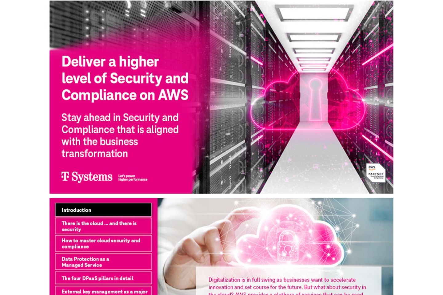 Titel en vervolgpagina van het e-book als screenshot: Betere beveiliging en compliance met AWS